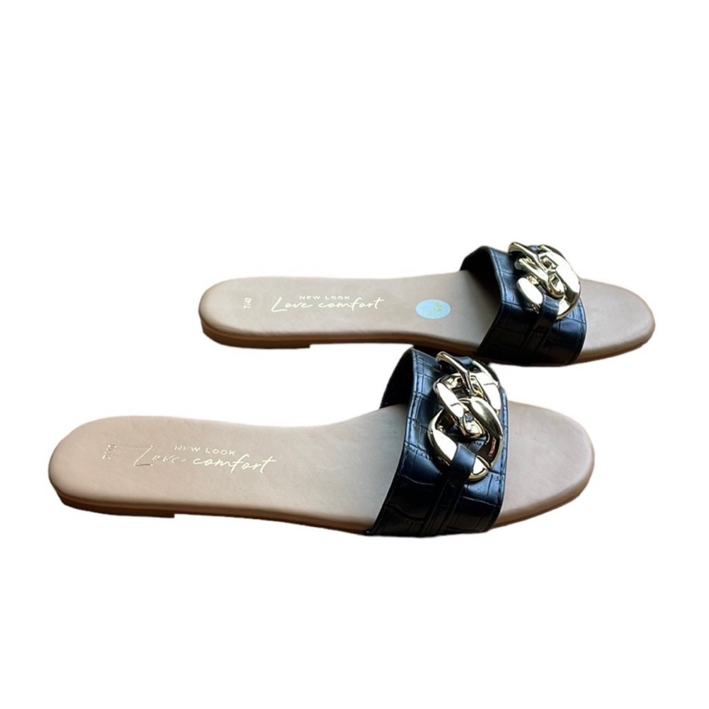NWT New Look Love Comfort Black and Gold Chain Detail Sandals - Size 9 - Picture 6 of 7